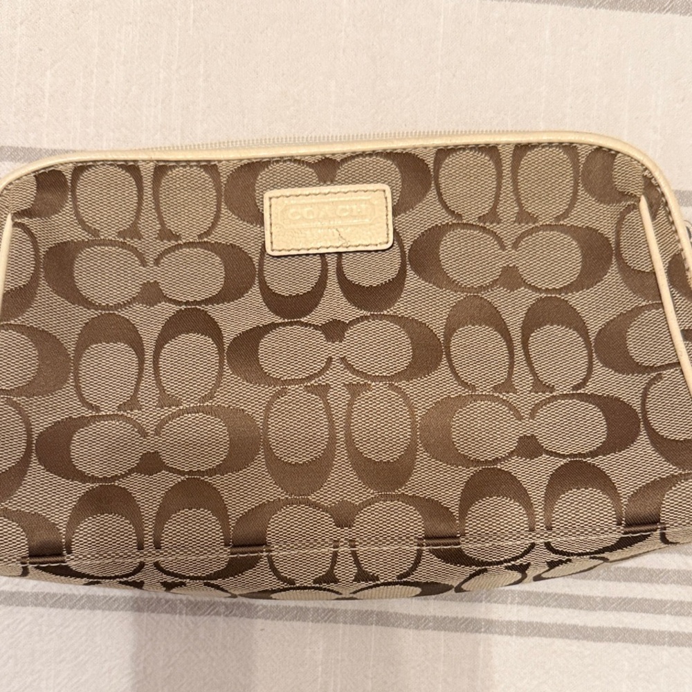 Coach Brown and Cream Signature Cosmetic Bag